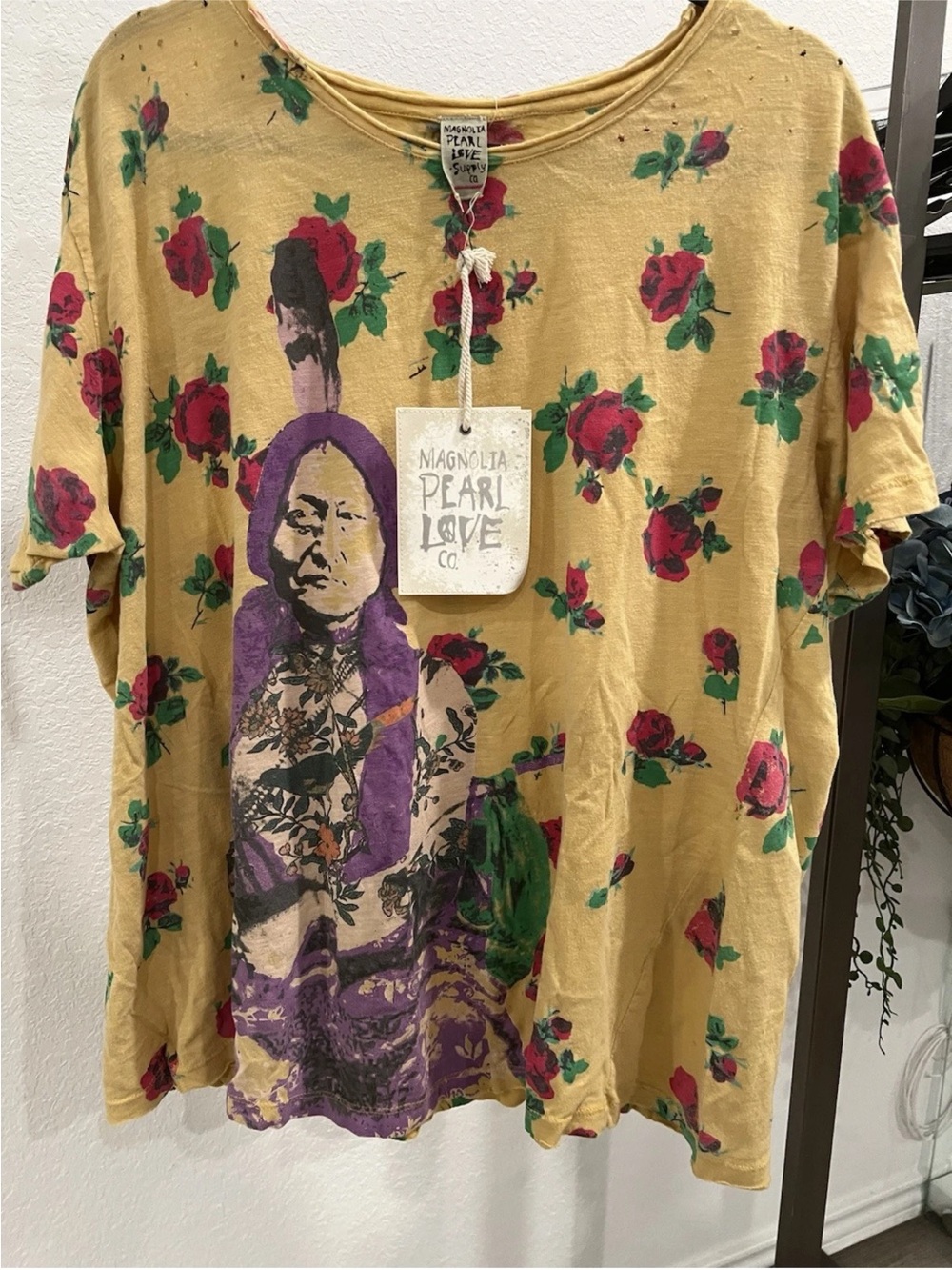 Magnolia Pearl Mustard Graphic Tee with Pink Rose Print